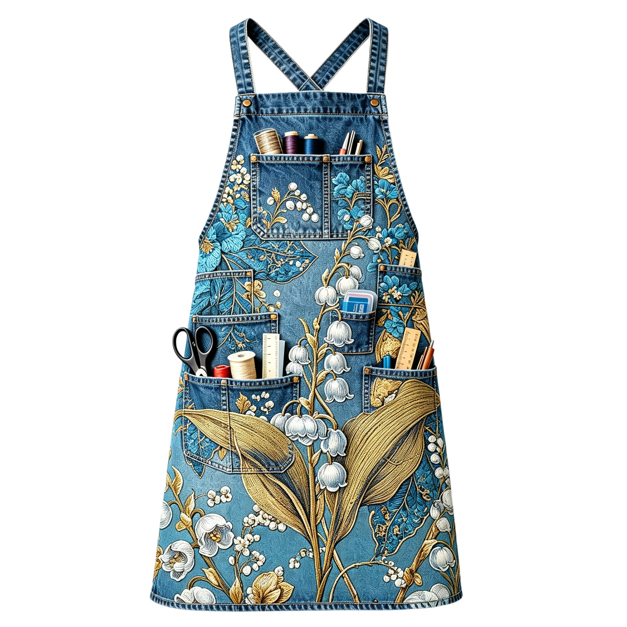 Art Nouveau Lily of the Valley Multi-pocket Cross-back Embroidered Apron