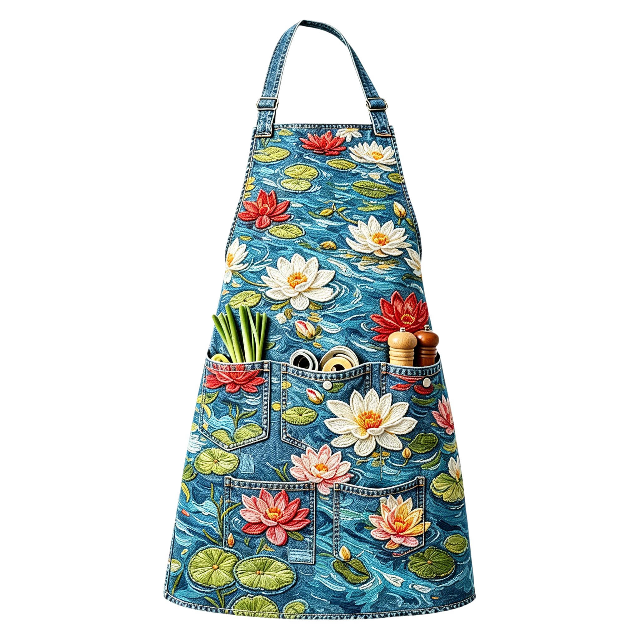 Monet Style Water Lily Pond Utility Halter Embroidered Apron
