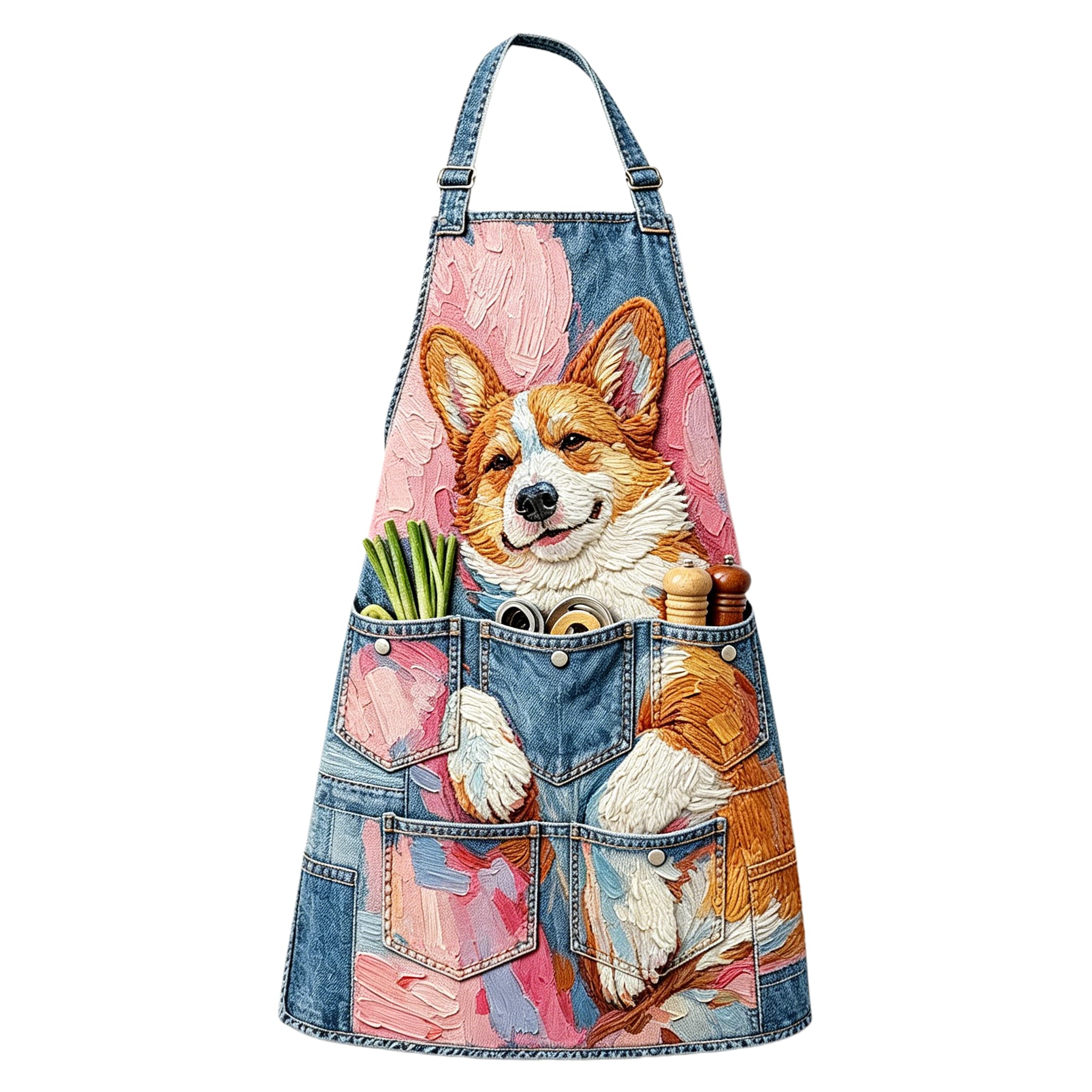 Impasto Oil Painting Smiling Corgi Utility Halter Embroidered Apron