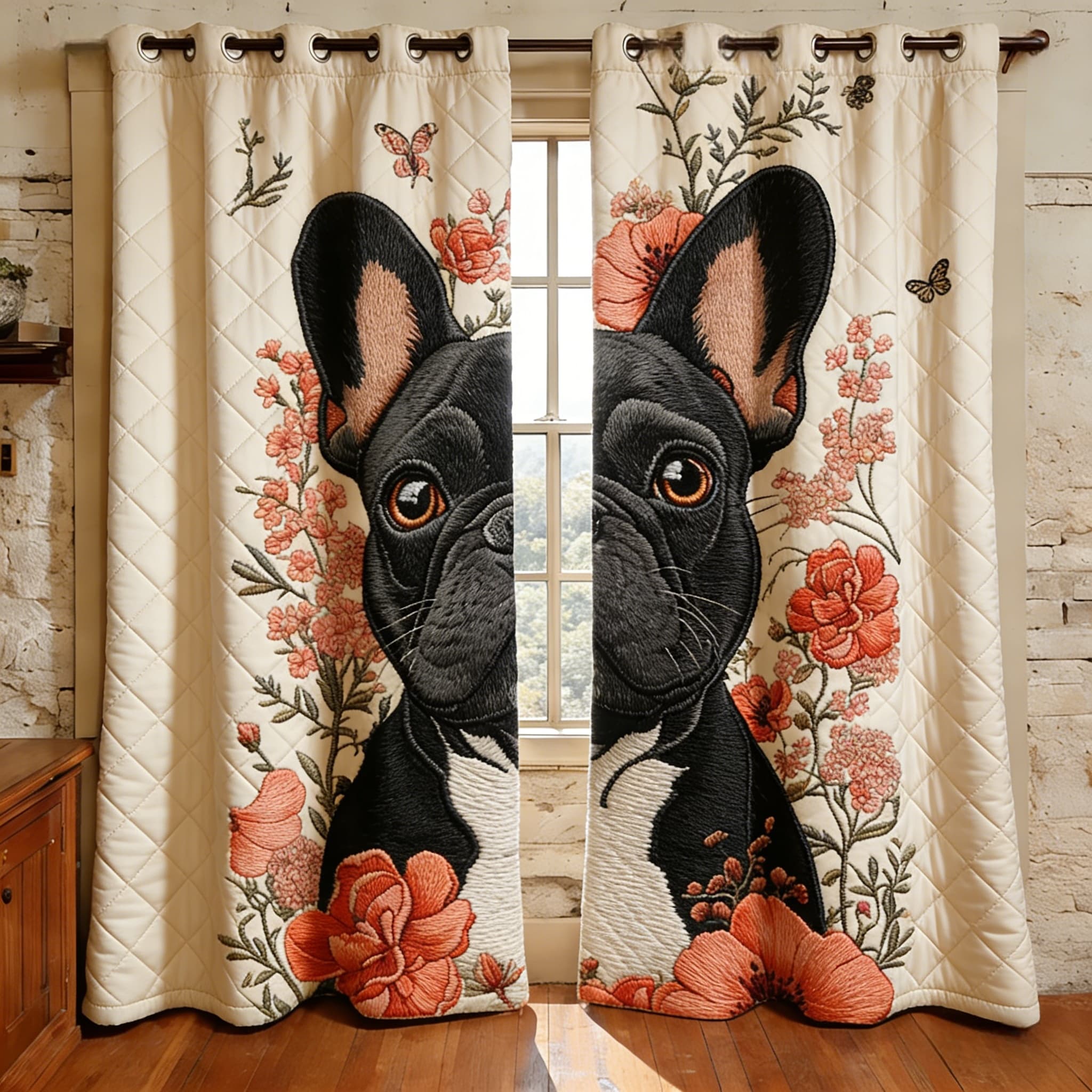 French Bulldog & Coral Floral Embroidered Knitwear Quilted Curtains