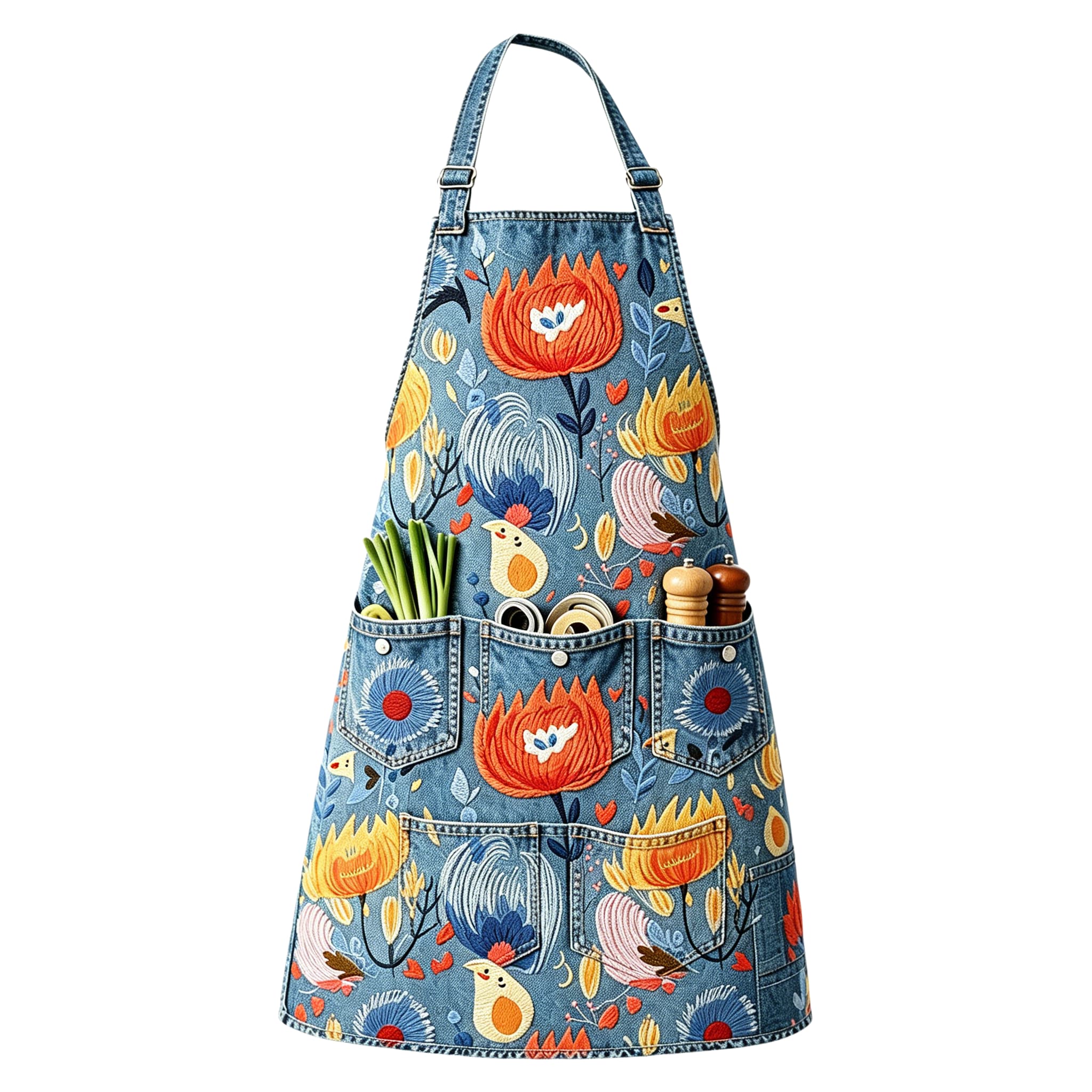 Whimsical Folk Art Floral & Charming Birds Utility Halter Embroidered Apron