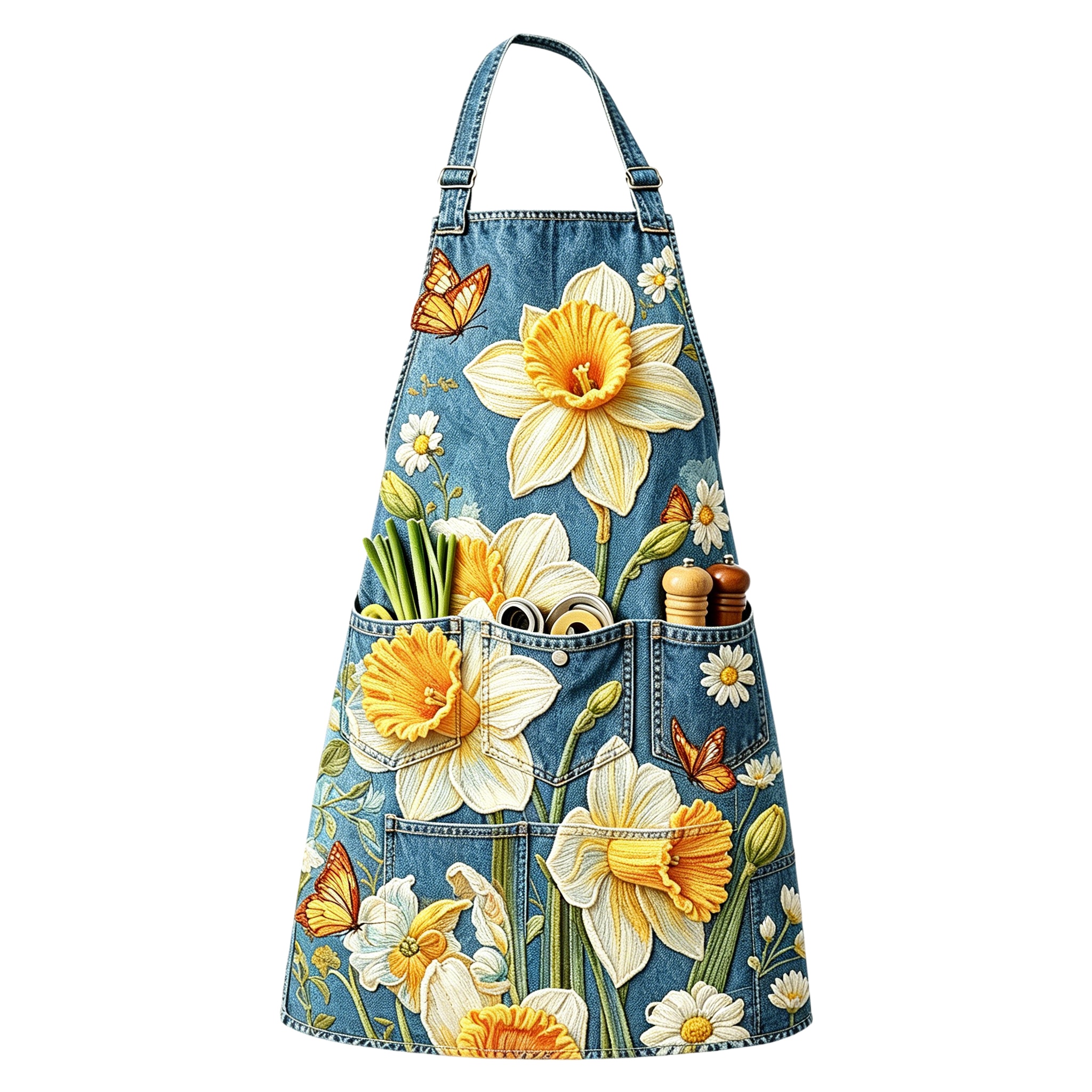 Daffodil & Monarch Butterfly Utility Halter Embroidered Apron