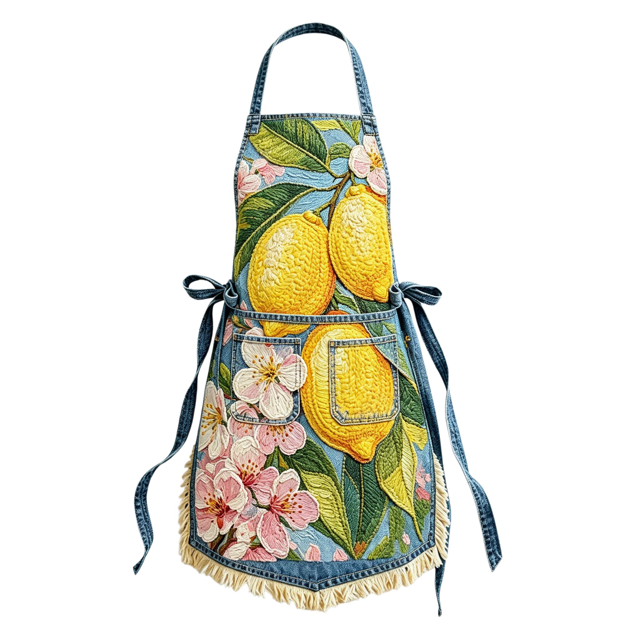 Impasto Oil Painting Sunlit Lemon Tree Elegant Ribbon Embroidered Apron