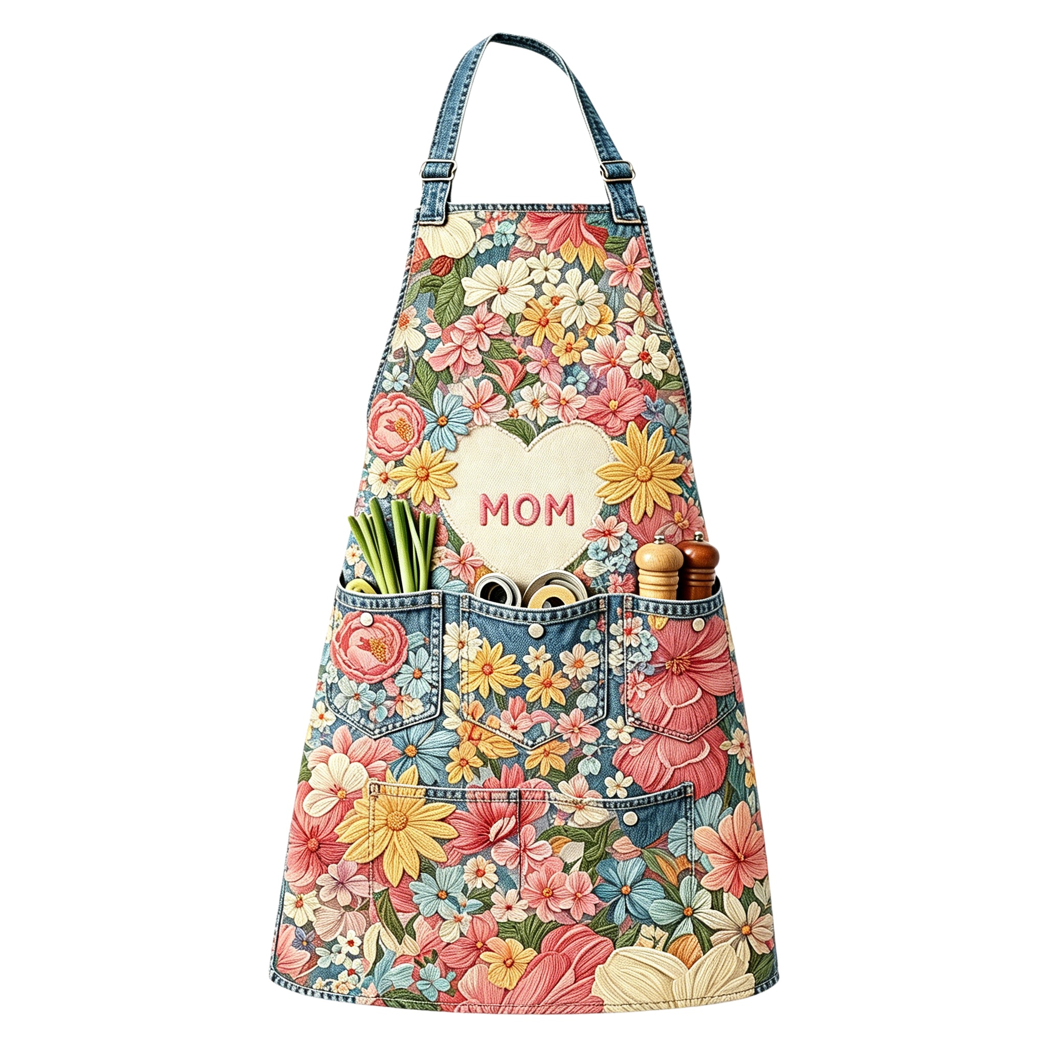Vibrant Wildflower Mom Heart Utility Halter Embroidered Apron