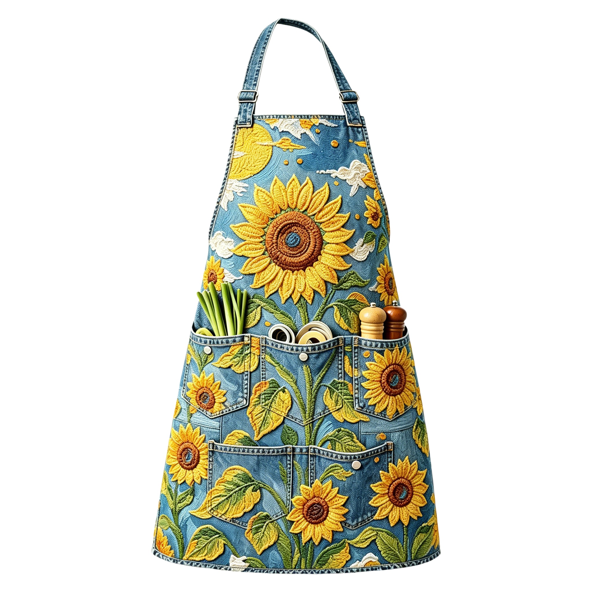Starry Sunflower Multi-pocket Utility Halter Embroidered Apron
