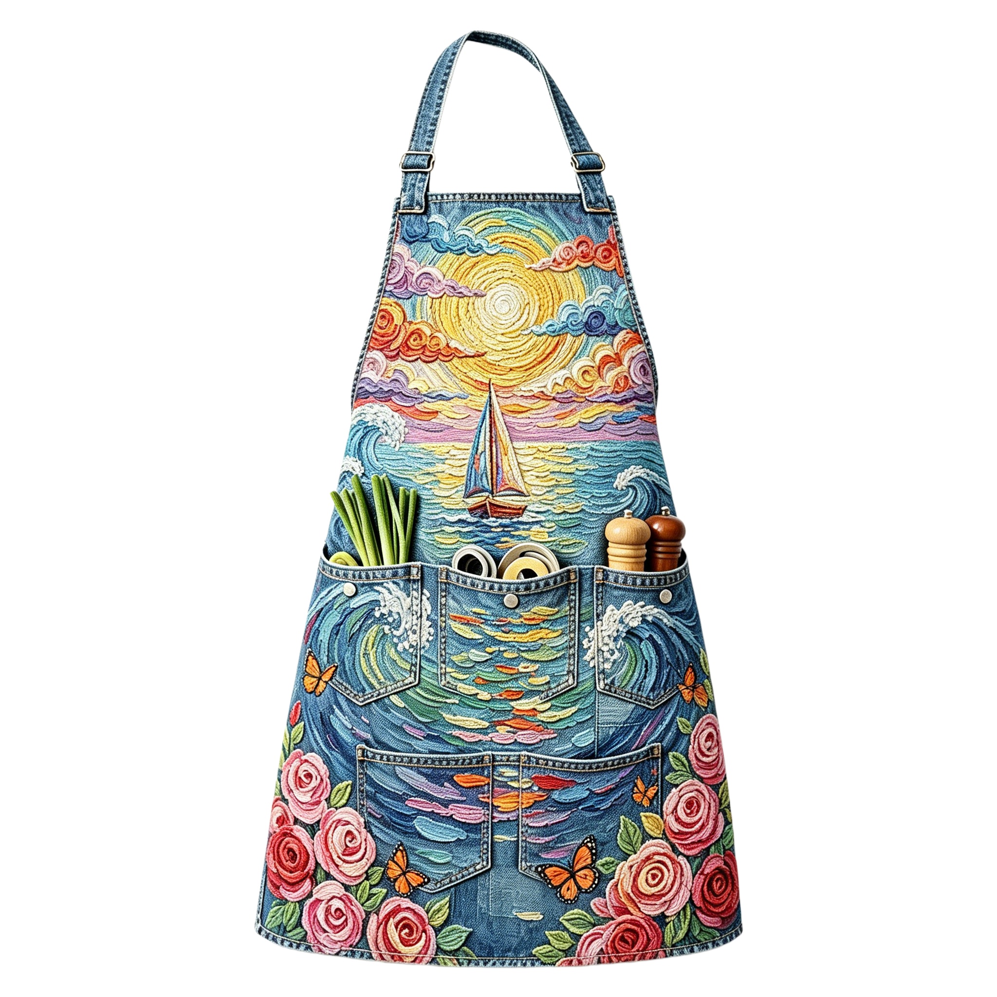 Sunset Sailboat & Rose Ruffle Utility Halter Embroidered Apron