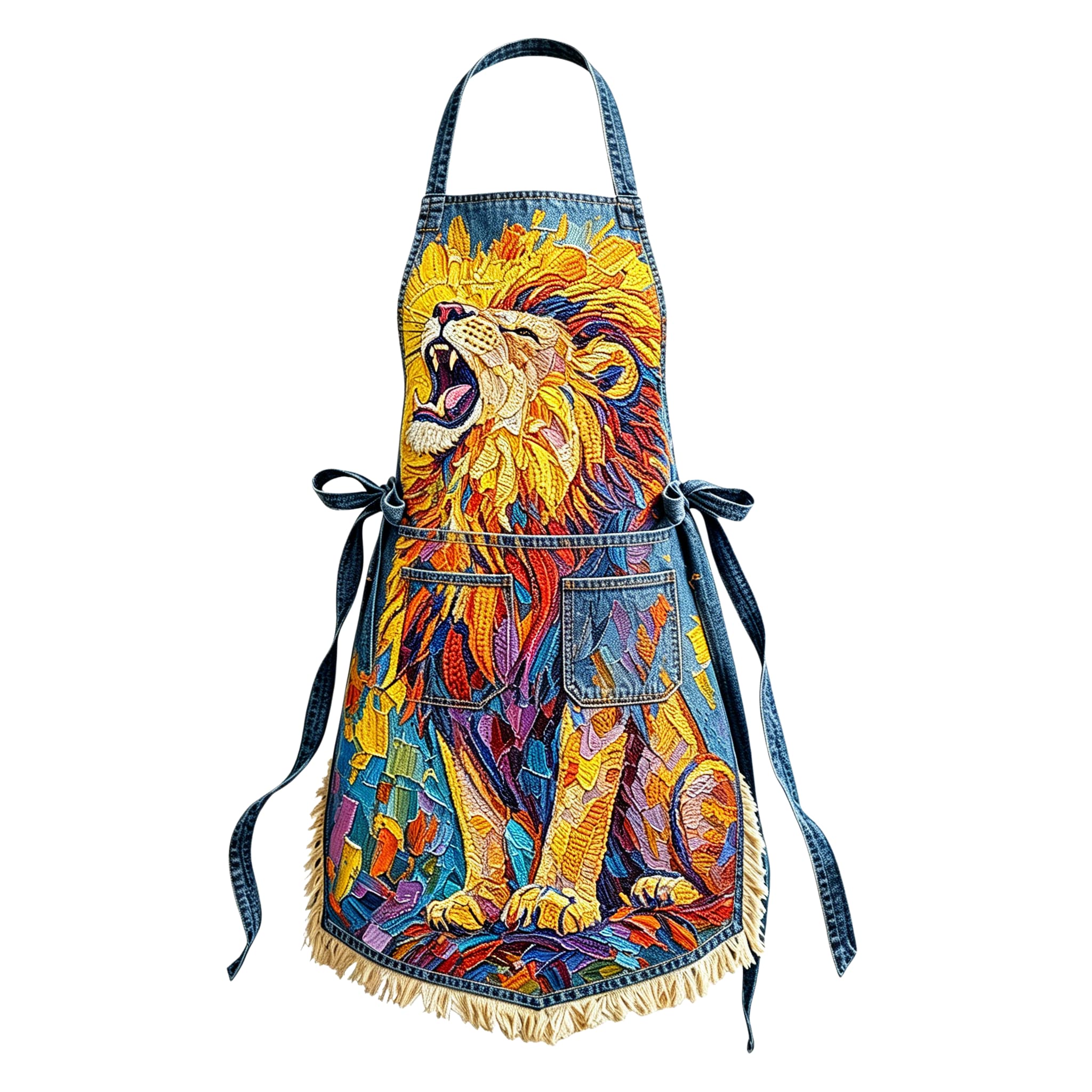 Impasto Oil Painting Roaring Lion Elegant Ribbon Embroidered Apron