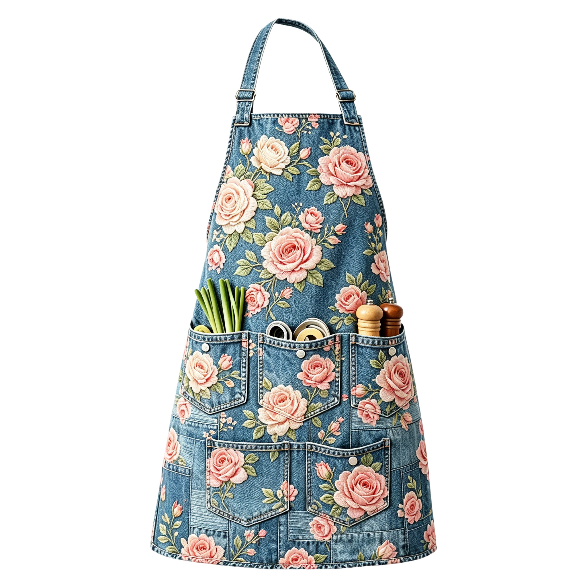 Blush Rose Garden Multi-pocket Utility Halter Embroidered Apron