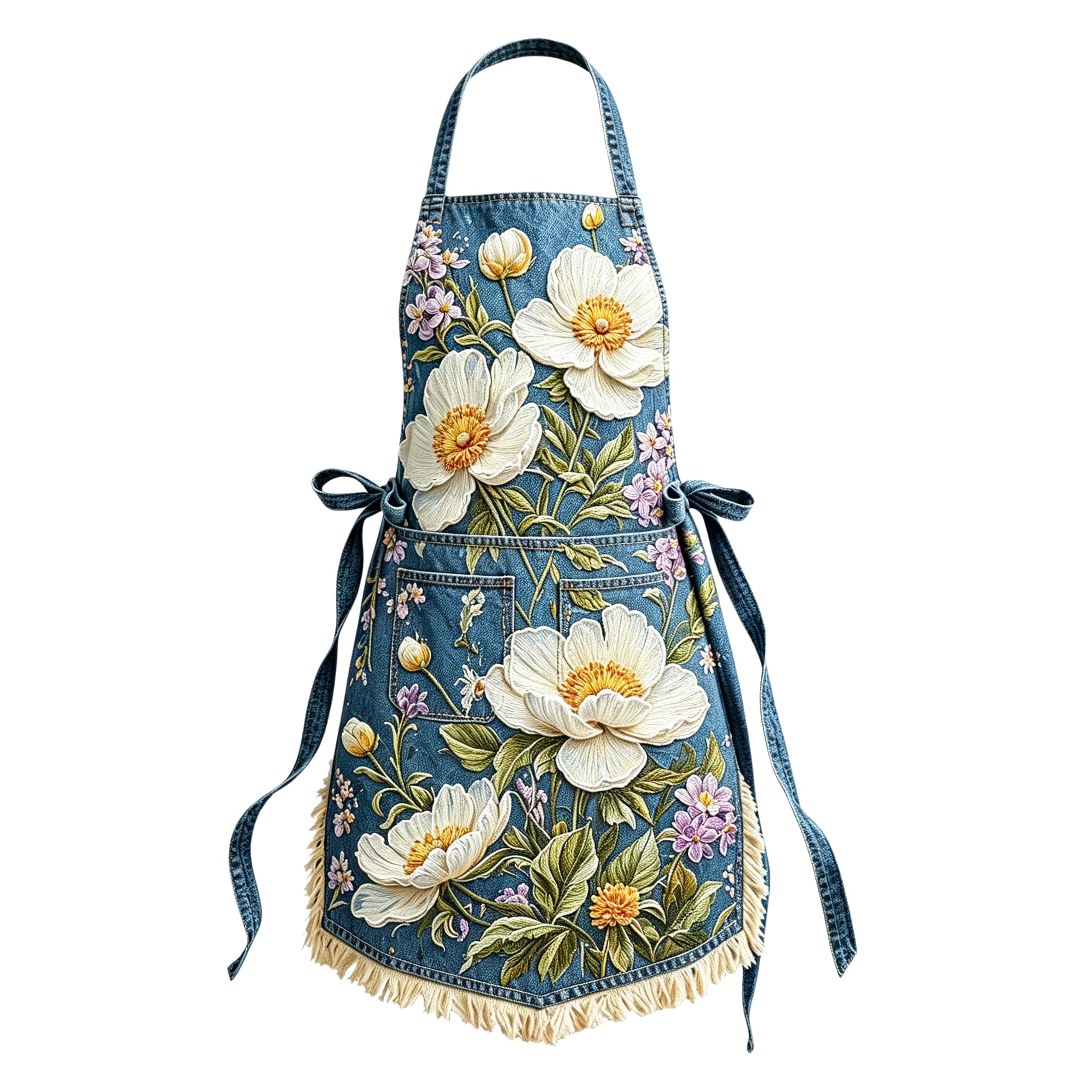 Elegant White Peony & Lavender Breeze Elegant Ribbon Embroidered Apron