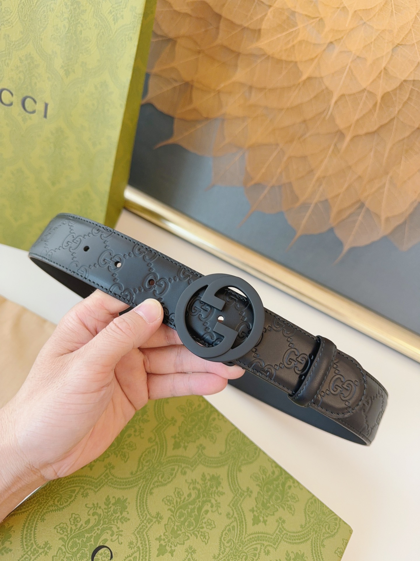 GUCCI. Full package 3.8cm imported calfskin embossed belt