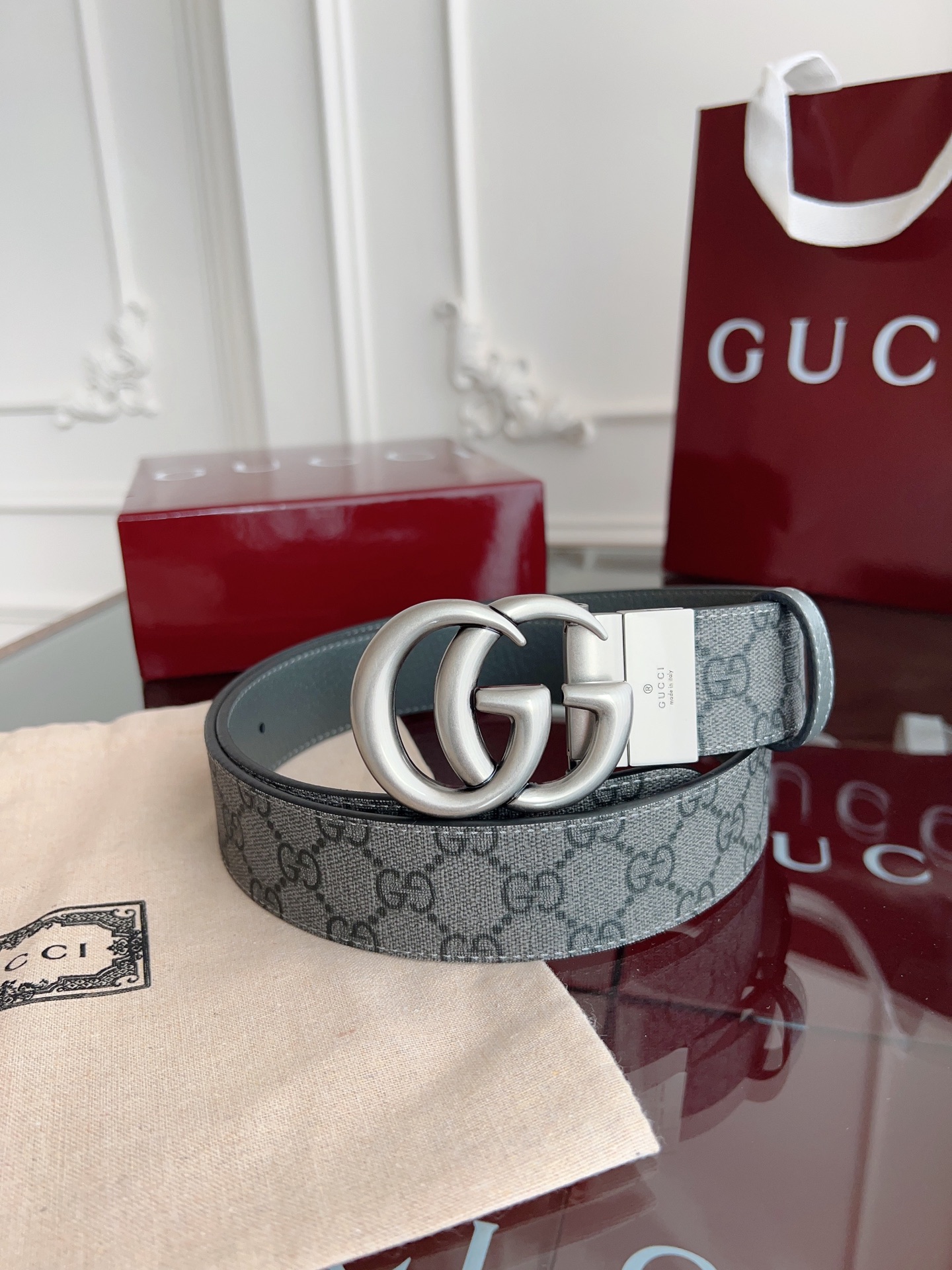 Gucci 627055 UULBN Dark Gray Supreme PVC Old Flower belt