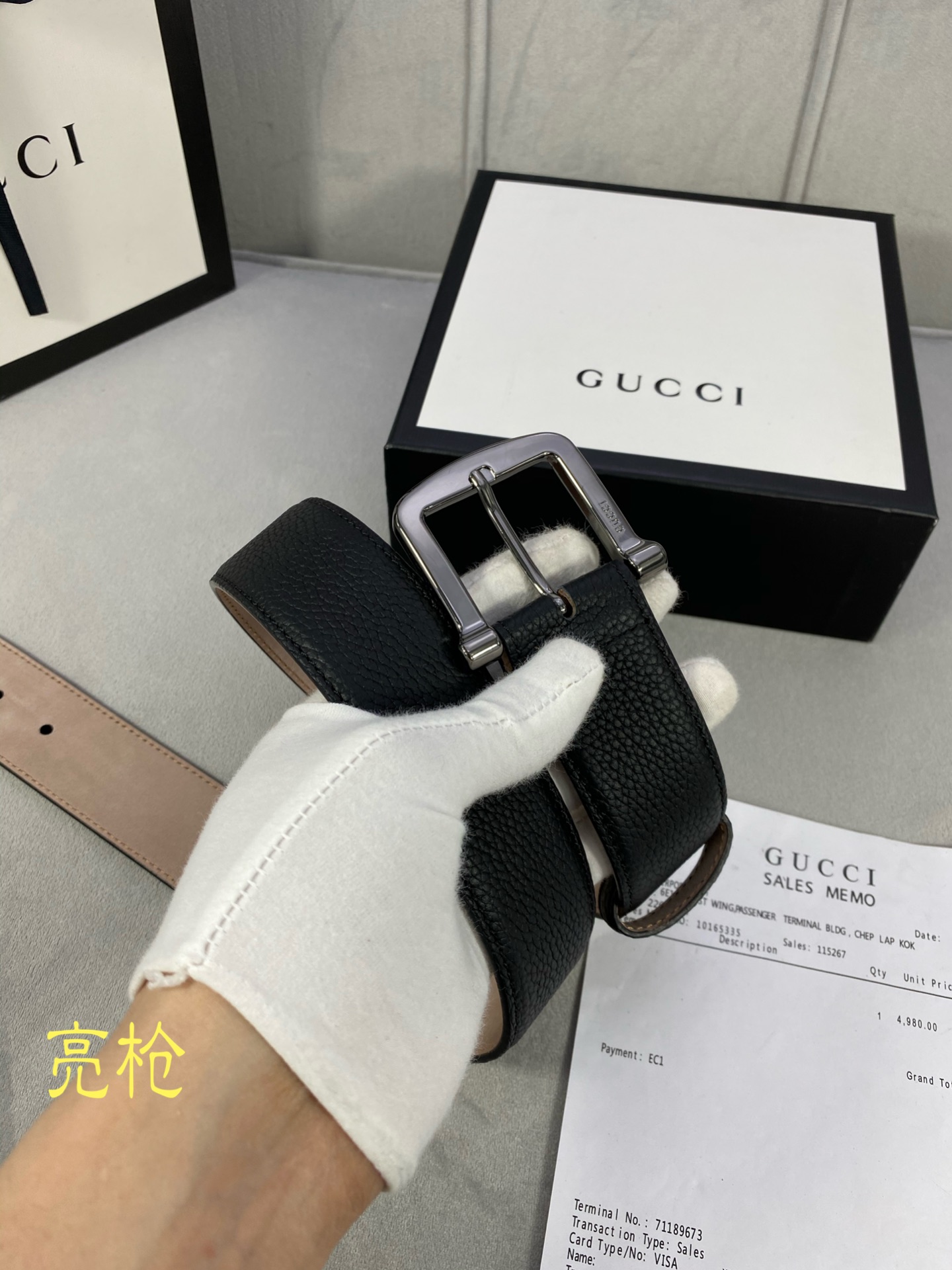 Width 4.0cm GUCCI double-sided head layer cowhide lychee pattern matte belt