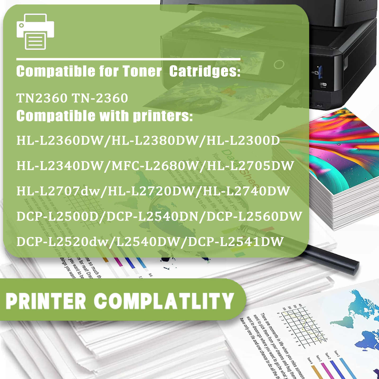 For TN2360 Toner Cartridges Work For Brother HL-L2360DW HL-L2380DW HL-L2300D HL-L2340DW MFC-L2680W HL-L2705DW HL-L2707dw HL-L2720DW Printers