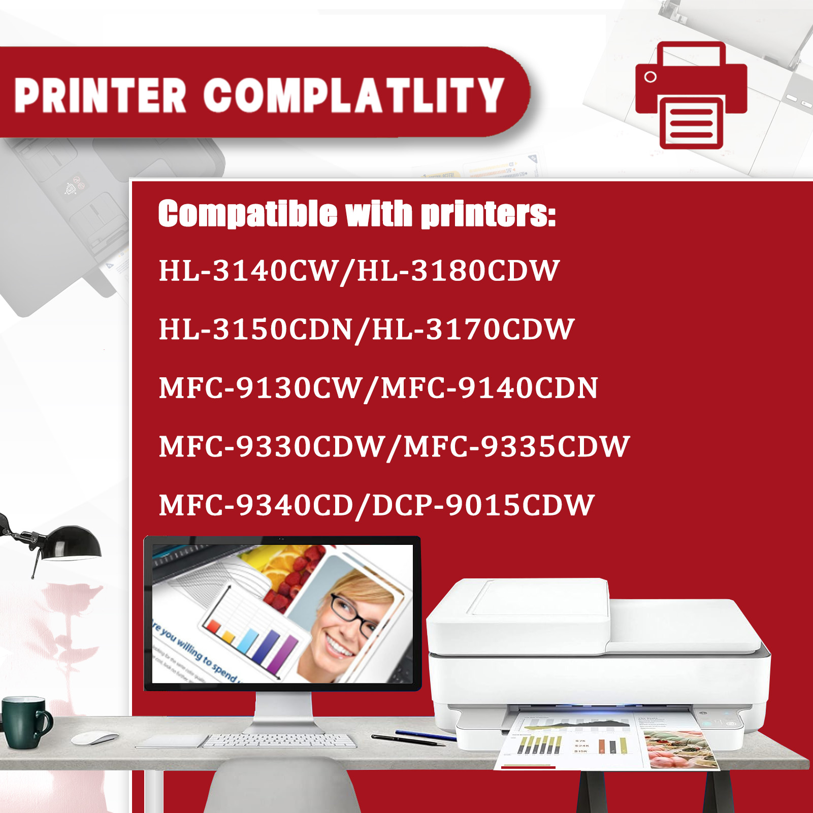 For TN265 Toner Cartridge Work For Brother HL-3140CW HL-3180CDW HL-3150CDN HL-3170CDW MFC-9130CW MFC-9140CDN MFC-9330CDW MFC-9335CDW MFC-9340CD DCP-9015CDW DCP-9020CDN Printers