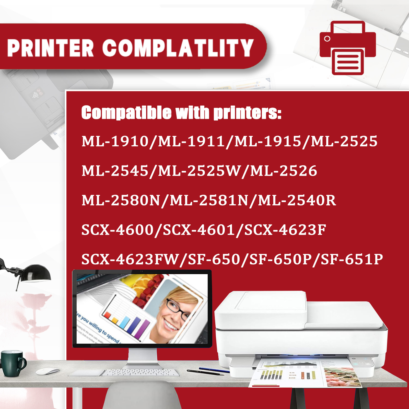 For Samsung MLT-D105S Toner Cartridges Work For Samsung ML-1910 ML-1911 ML-1915 ML-2525 ML-2545 ML-2525W ML-2526 ML-2580N ML-2581N ML-2540R SCX-4600 SCX-4601 SCX-4623F SCX-4623FW SF-650 SF-650P SF-651P Printers