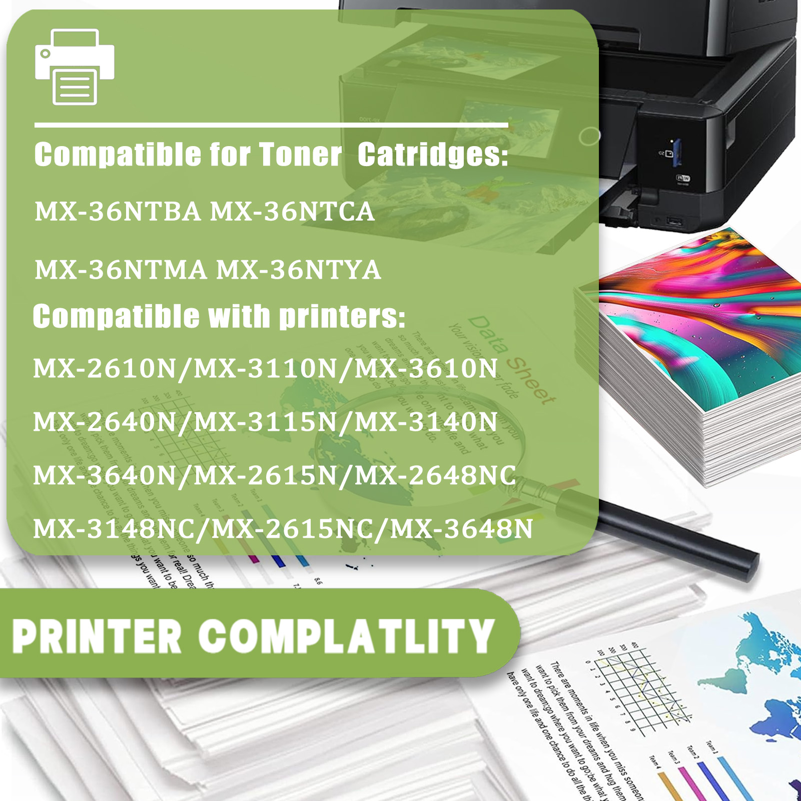 For Sharp MX-36NT MX-36NT-BA MX-36NT-CA MX-36NT-MA MX-36NT-YA Toner Cartridge Work For Sharp MX-2610N MX-2615N MX-2640N MX-3110N MX-3115N MX-3140N MX-3610N MX-3640N MX-3648N MX-2615NC MX-2648NC MX-3148NC Printers