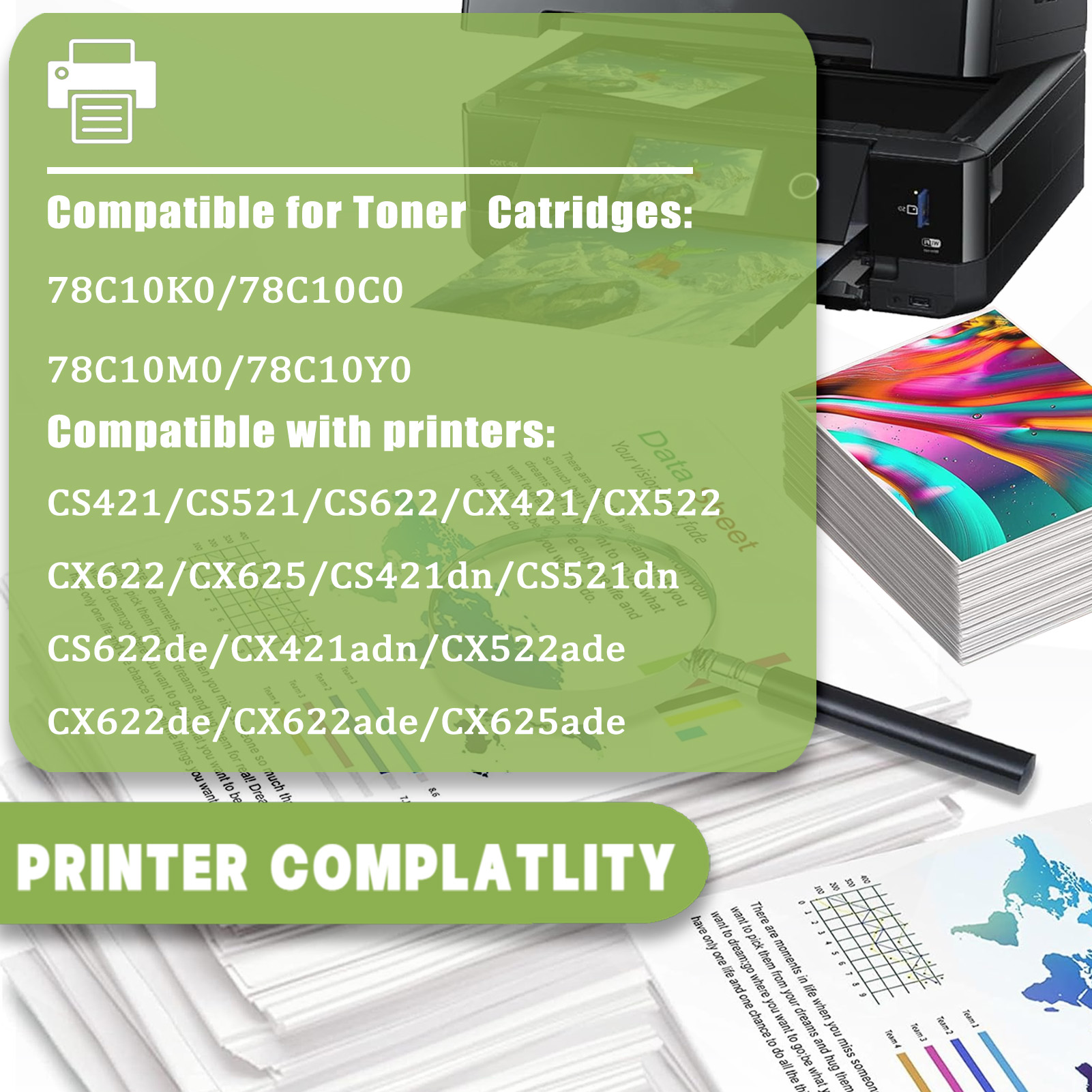 For Lexmark 78C10 78C10K0 78C10C0 78C10M0 78C10Y0 Toner Cartridge Work For Lexmark CS421 CS521 CS622 CX421 CX522 CX622 CX625 CS421dn CS521dn CS622de CX421adn CX522ade CX622de CX622ade CX625ade CX625adhe Printers