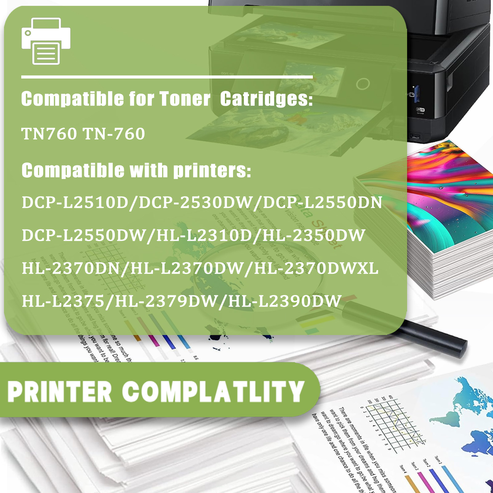 For TN760 Toner Cartridges Work For Brother DCP-L2510D DCP-2530DW DCP-L2550DN DCP-L2550DW HL-L2310D HL-2350DW HL-2370DN HL-L2370DW HL-2370DWXL HL-L2375 HL-2379DW HL-L2390DW HL-L2395DW MFC-L2690 MFC-2710DN MFC-L2710DW MFC-L2750DW Printers