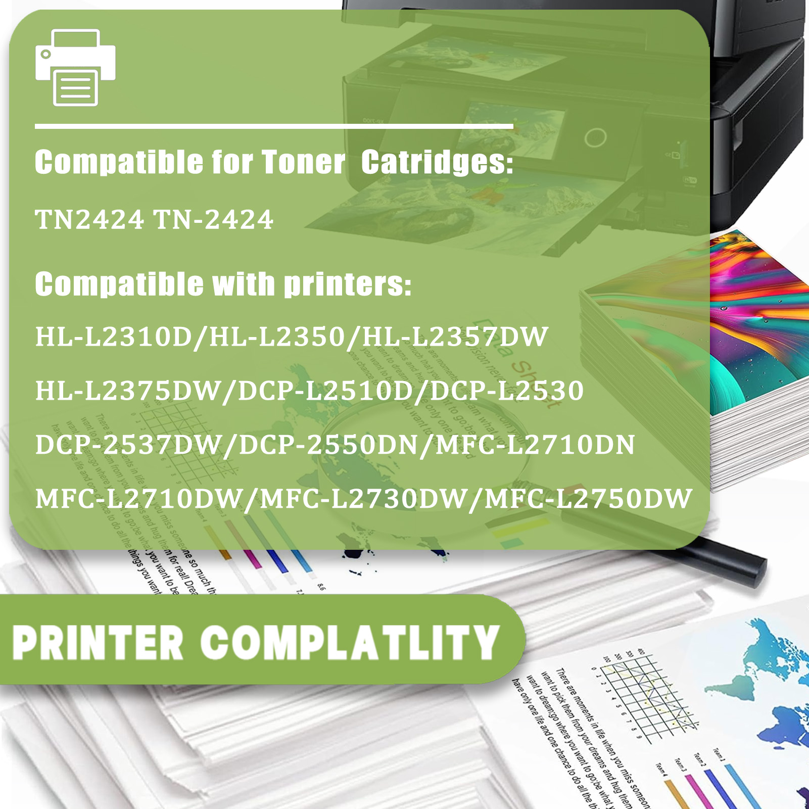 For TN2424 Toner Cartridges Work For Brother HL-L2310D HL-L2350 HL-L2357DW HL-L2370DN HL-L2375DW DCP-L2510D Printers