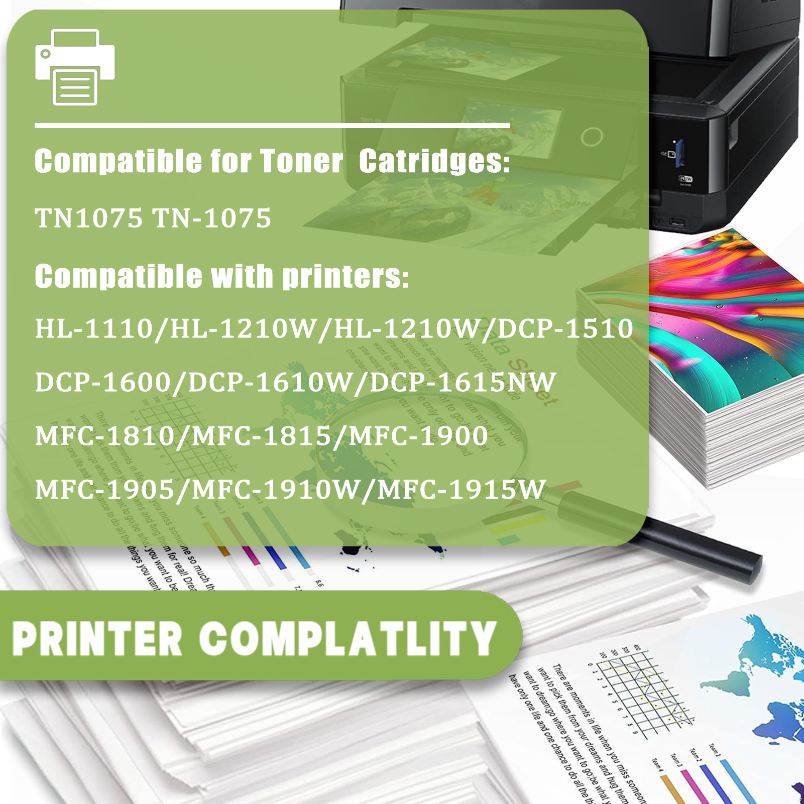 For TN1075 Toner Cartridges Work For Brother HL-1110 HL-1210W HL-1210W DCP-1510 DCP-1600 DCP-1610W DCP-1615NW MFC-1810 MFC-1815 MFC-1900 MFC-1905 MFC-1910W MFC-1915W Printers