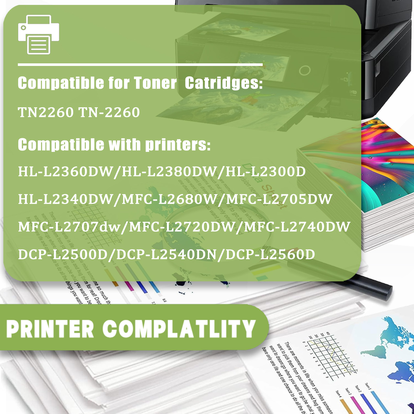 For TN2260 Toner Cartridges Work For Brother HL-L2360DW HL-L2380DW HL-L2300D HL-L2340DW MFC-L2680W MFC-L2705DW MFC-L2707dw MFC-L2720DW MFC-L2740DW Printers