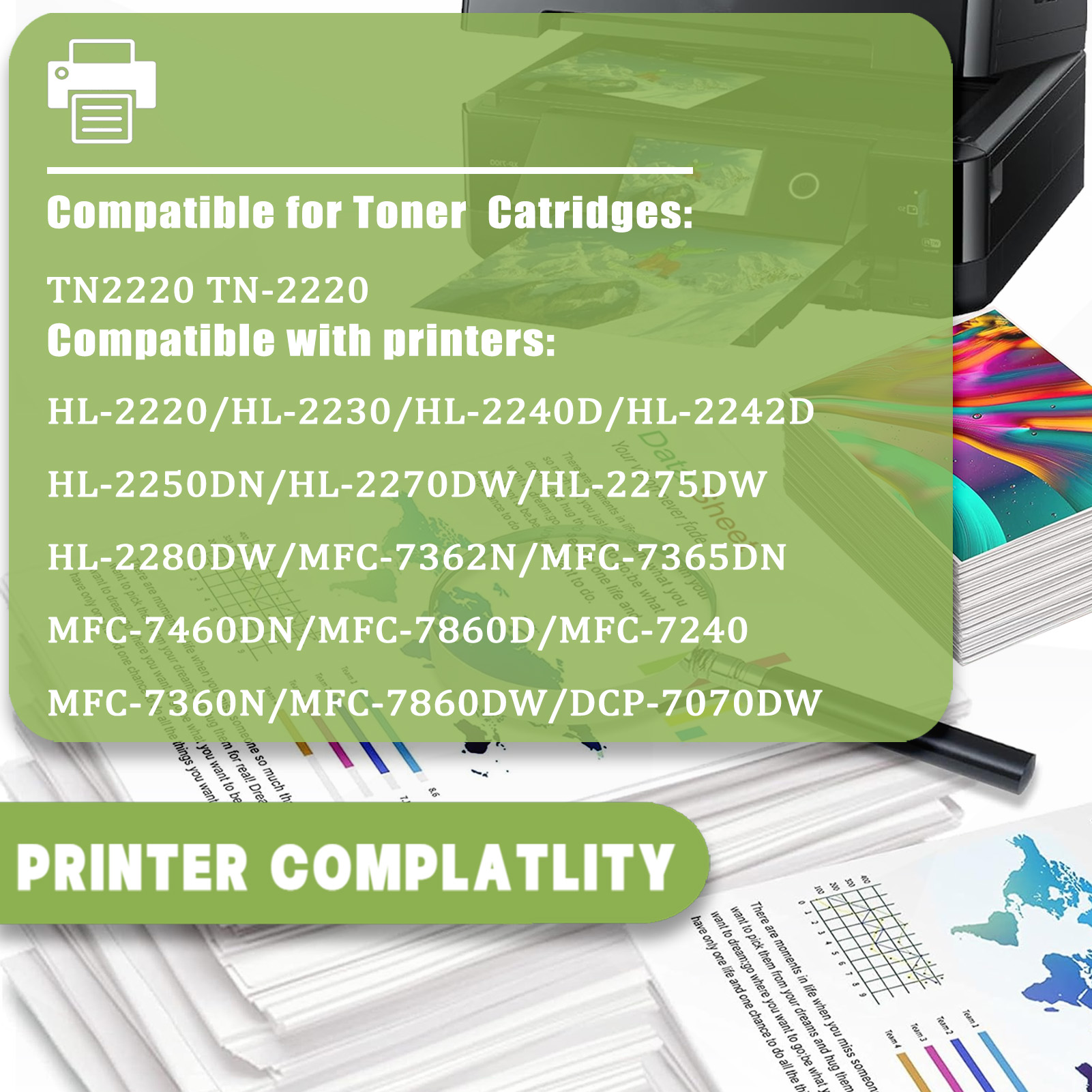 For TN2220 Toner Cartridges Work For Brother HL-2220 HL-2230 HL-2240D HL-2242D HL-2250DN HL-2270DW HL-2275DW HL-2280DW MFC-7362N Printers