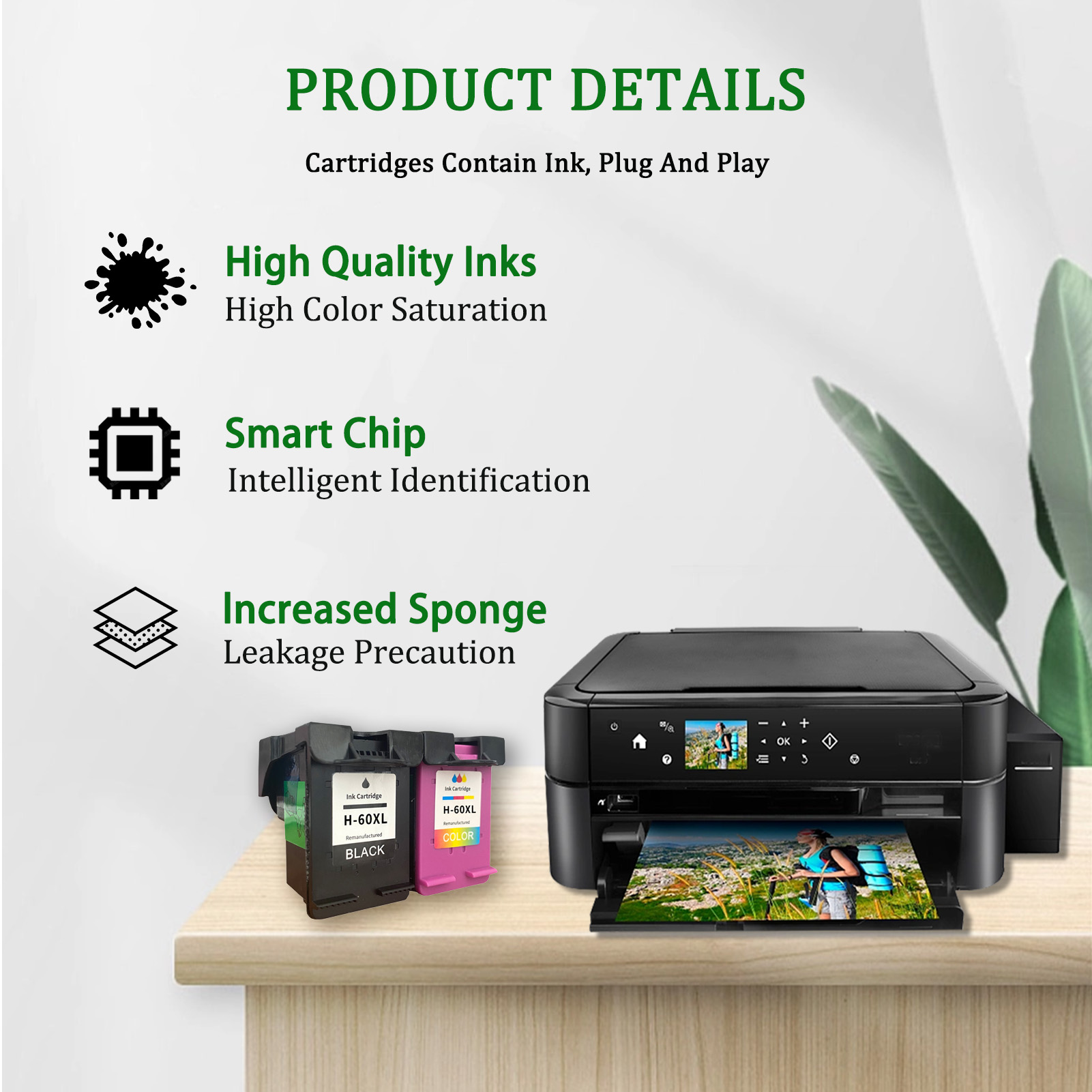For HP 60XL Ink Cartridge Work For HP PhotoSmart D110 C4680C 4780, Deskjet D2680 F2430, Envy 110 120 etc. Printers
