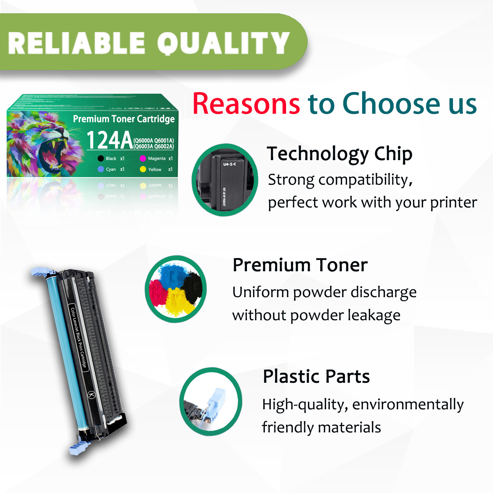 For HP 124A Q6000A Q6001A Q6003A Q6002A Toner Cartridge Work for HP Color LaserJet 1600 2600 2600n 2605dn 2605dtn CM1015mfp CM1017mfp Printers