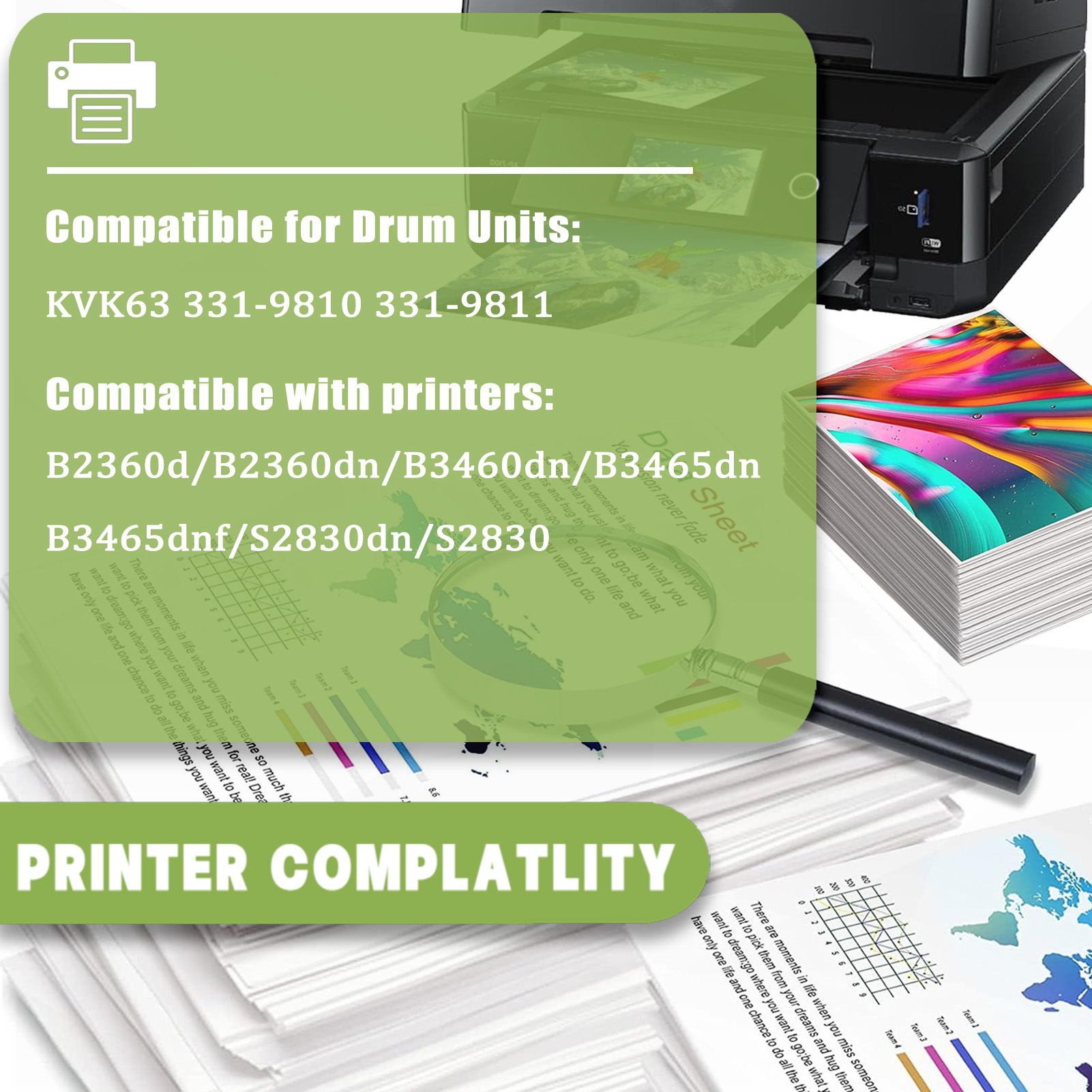 For Dell KVK63 331-9810 331-9811 Imaging Drum Unit Work for Dell B2360d B2360dn B3460dn B3465dn B3465dnf S2830dn S2830 Printers