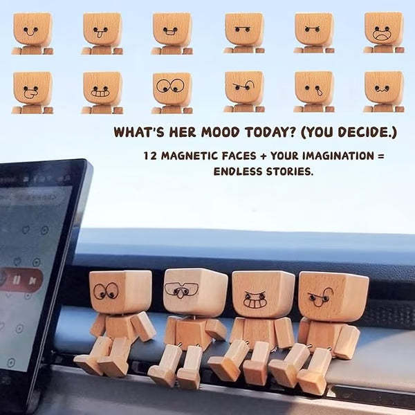 Charming Little Wooden Figure That Sways with 12PCS Magnetic Expressions