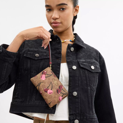 Corner Zip Wristlet In Signature Canvas With Cherry Print