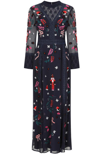 Navy Christmas Embroidered Maxi Dress with Lace Panels