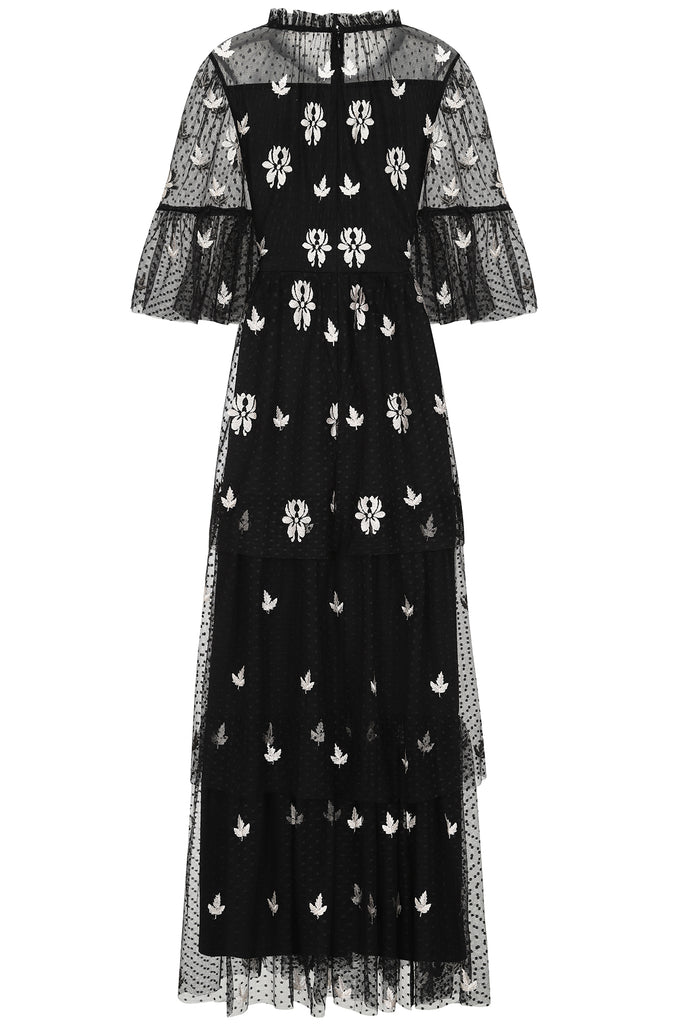 Black Leaf Embroidered Tiered Maxi Dress