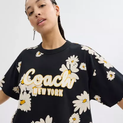 Floral Cropped Signature Script T Shirt In Organic Cotton