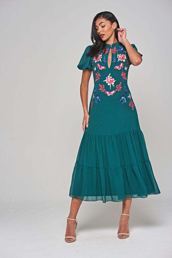 Green Floral Embroidered Midi Dress