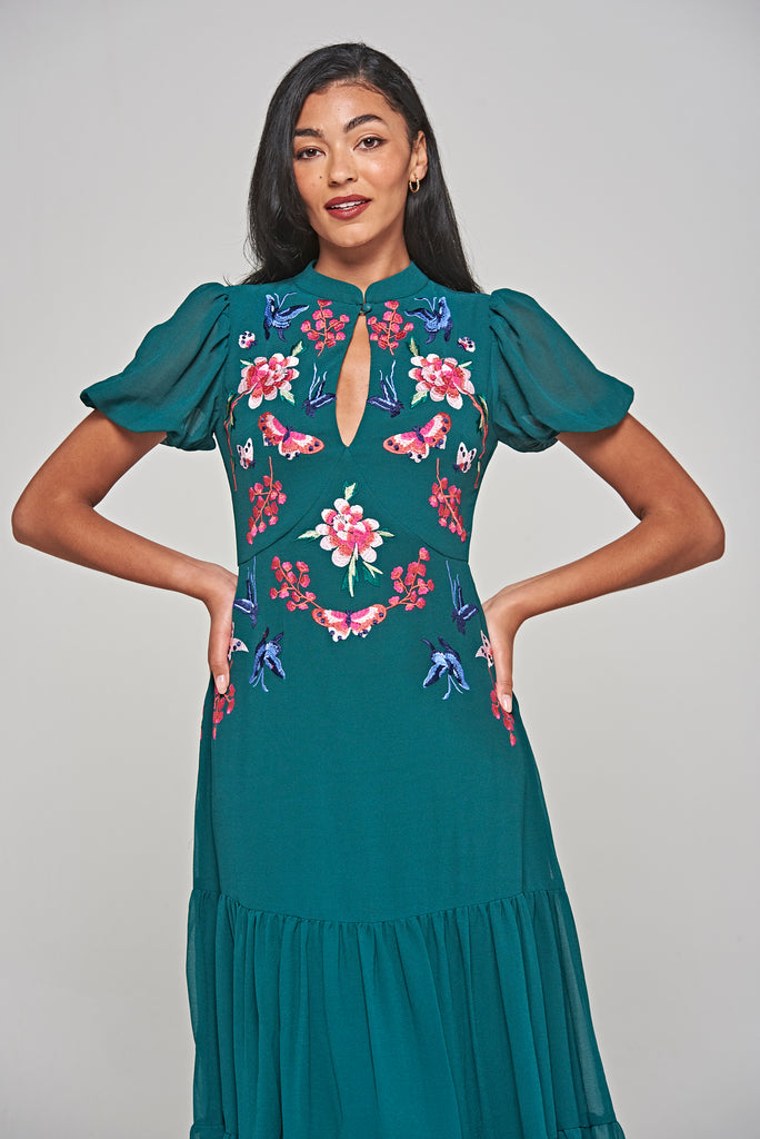 Green Floral Embroidered Midi Dress