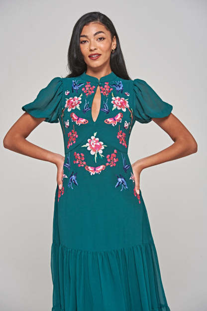 Green Floral Embroidered Midi Dress