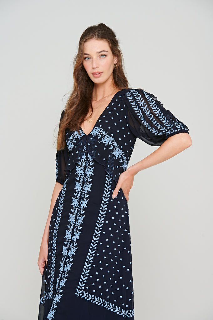 Navy Embroidered Button Through Maxi Dress