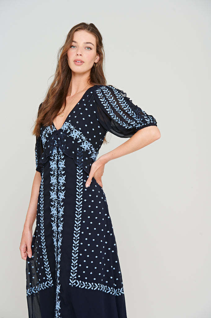 Navy Embroidered Button Through Maxi Dress