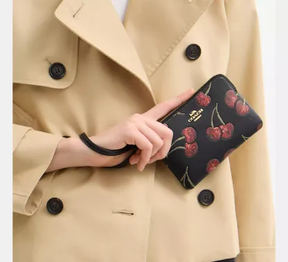 Corner Zip Wristlet With Cherry Print