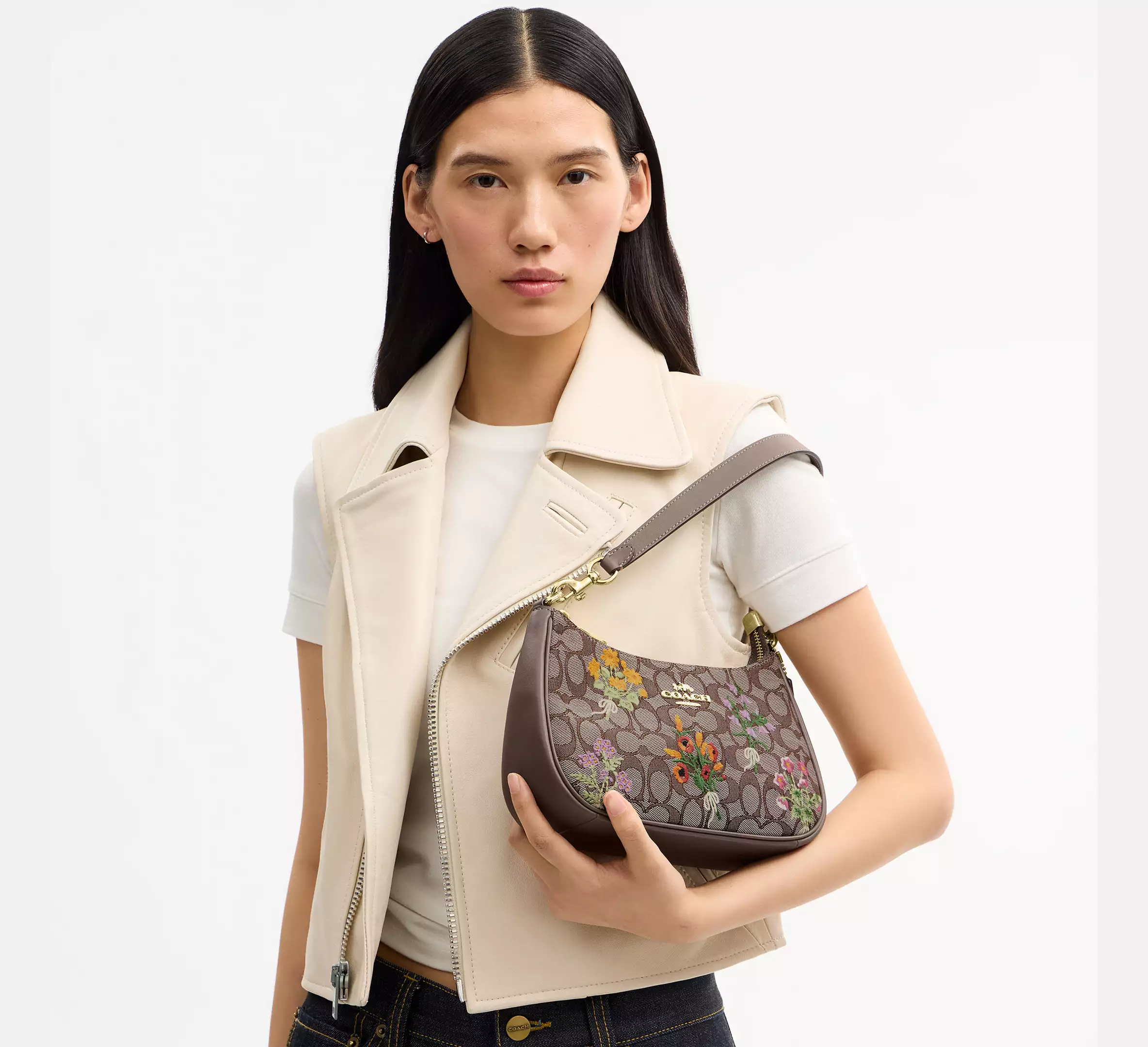 Teri Shoulder Bag In Signature Jacquard With Floral Embroidery
