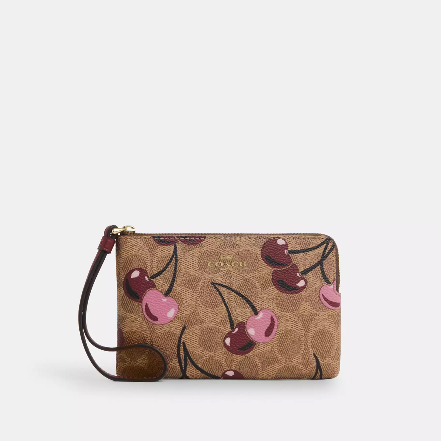 Corner Zip Wristlet In Signature Canvas With Cherry Print