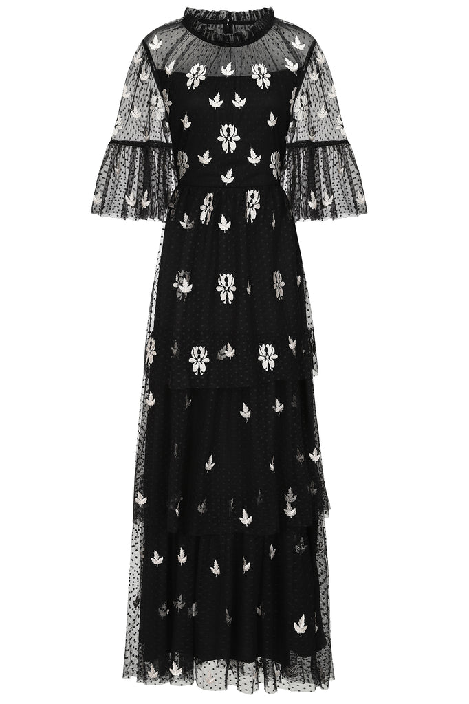 Black Leaf Embroidered Tiered Maxi Dress