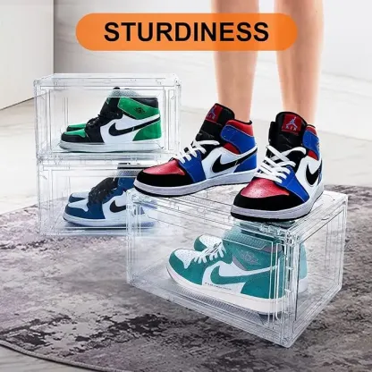 12 Pack Acrylic Clear Shoe Boxes– Ultra Clear Plastic Stackable Sneaker Storage For Sneakerhead. Professional Grade Shoe Display Case with Magnetic Door .Boots and Hat Organizer.Fits US Size 15