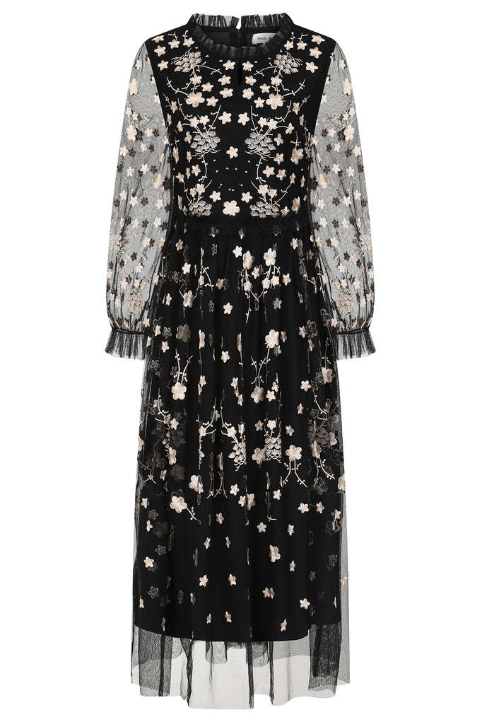 Black Floral Embroidered Midi Dress