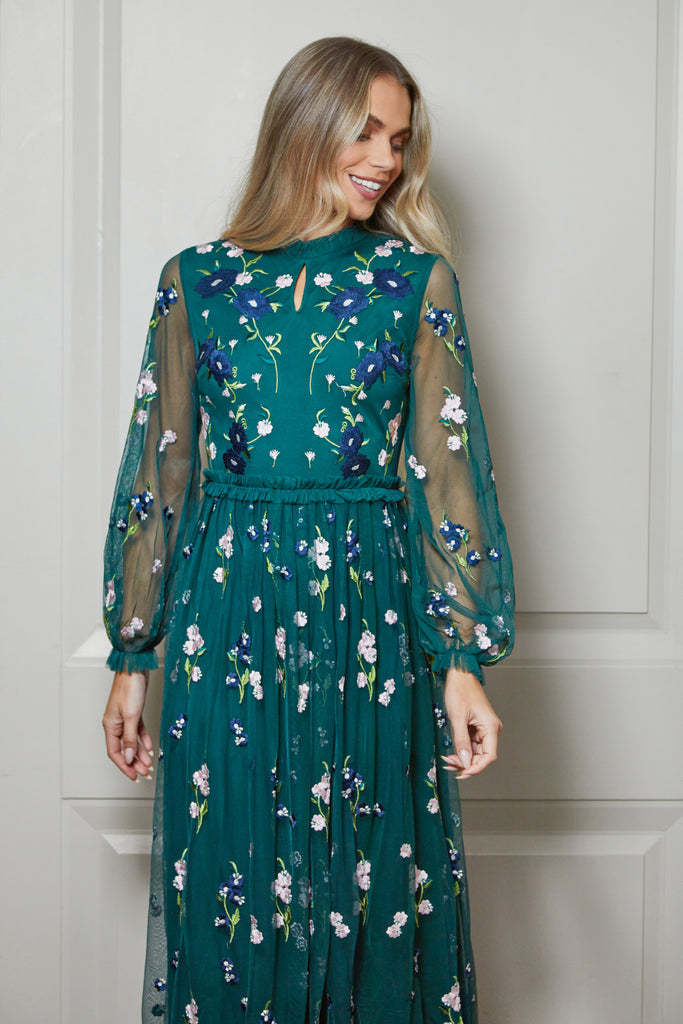 Alpine Green Floral Embroidered Maxi Dress