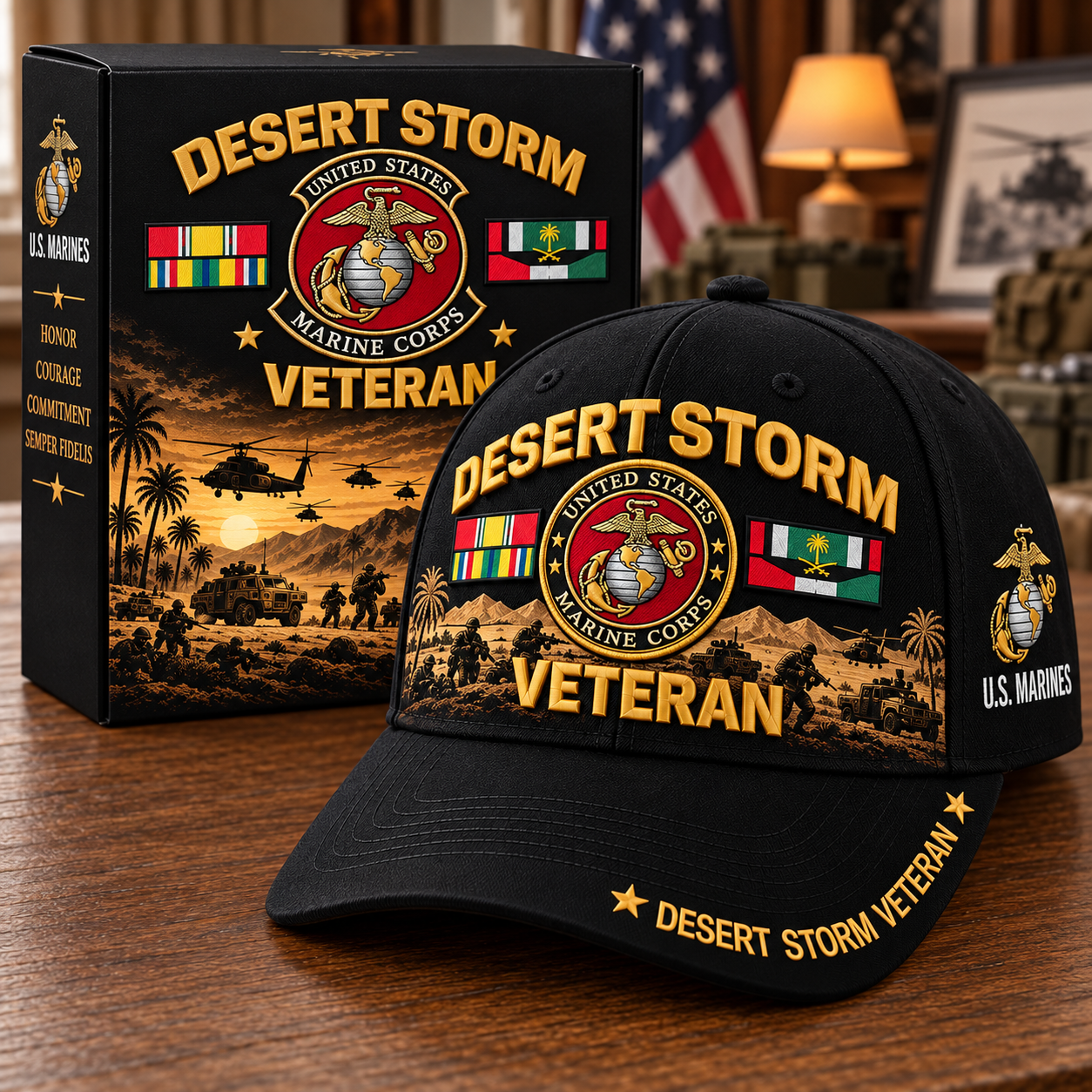 U.S. Marine Corps Desert Storm Veteran Tribute Cap with Marine Corps-inspired insignia