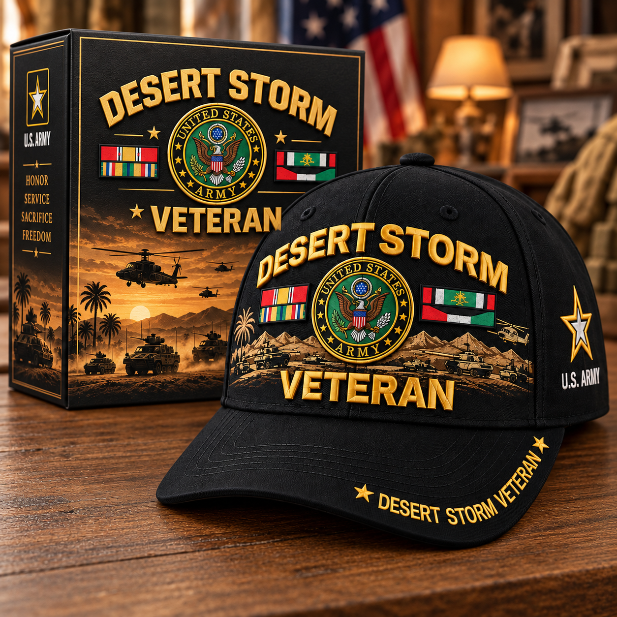 U.S. Army Desert Storm Veteran Tribute Cap with Army insignia and desert military artwork