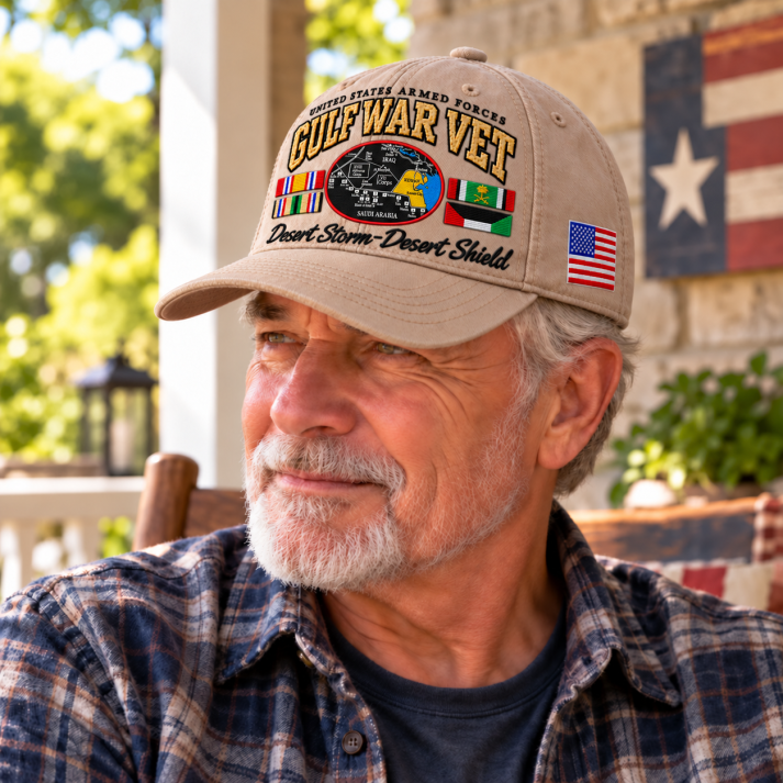 Mature American man wearing a khaki Gulf War Veteran tribute cap outdoors