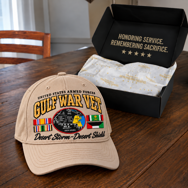 Gulf War Veteran tribute cap presented beside a gift box